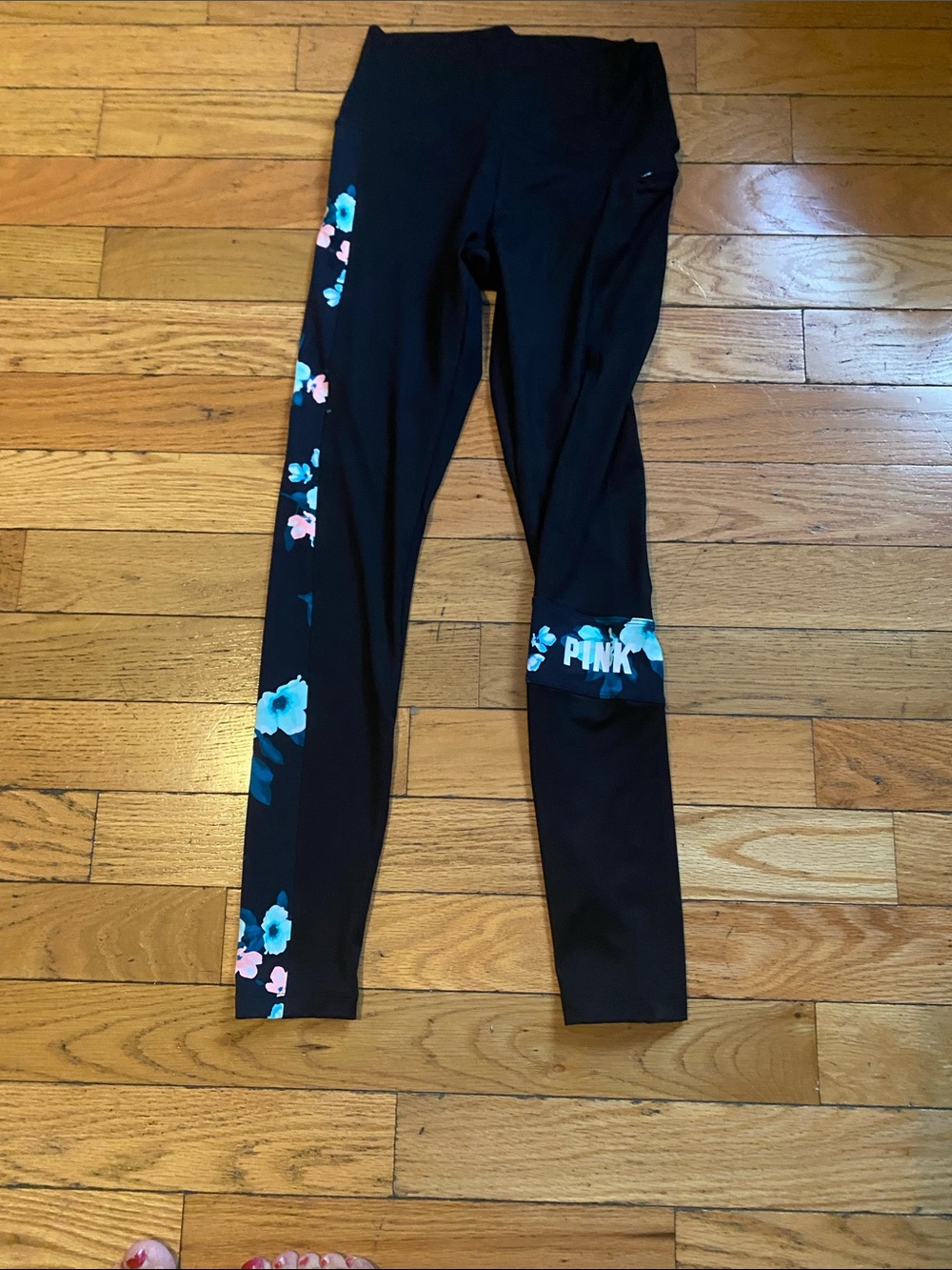 PINK Victoria's Secret Black Leggings with Blue and Pink Floral Panels